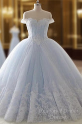 Light Blue Princess Ball Gown Sweet 16 Gown, Tulle Formal Dress With Lace Applique